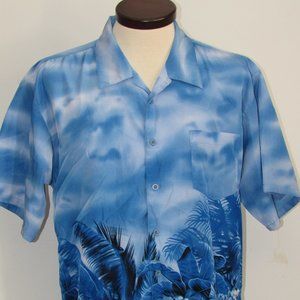 UR Men's Hawaiian Shirt Light Blue Palm Trees Female Island Dancers Sz XL EUC